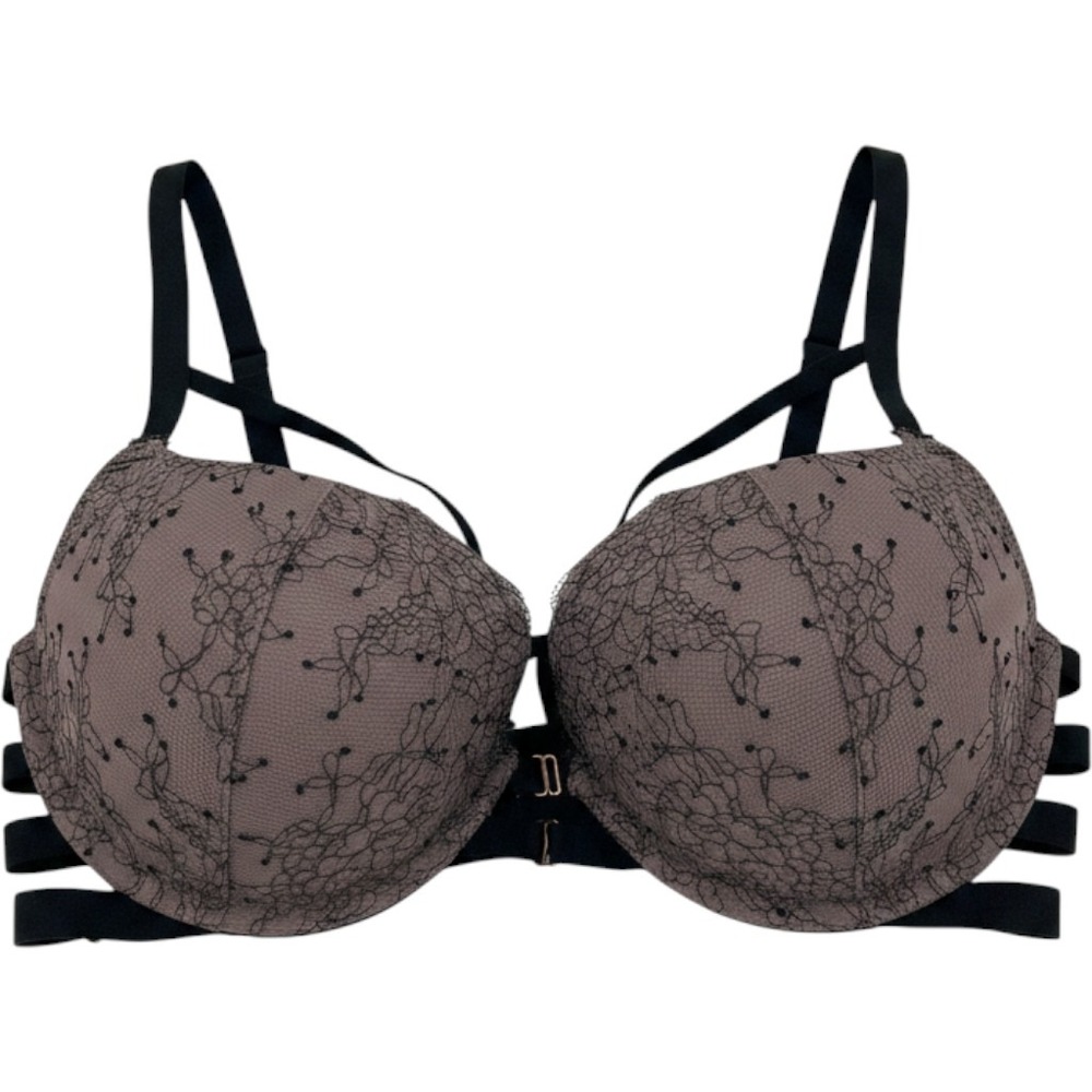 Victorias Secret Very Sexy Push Up Bra 34DD Mauve‎ Black Lace Strappy Cage Back